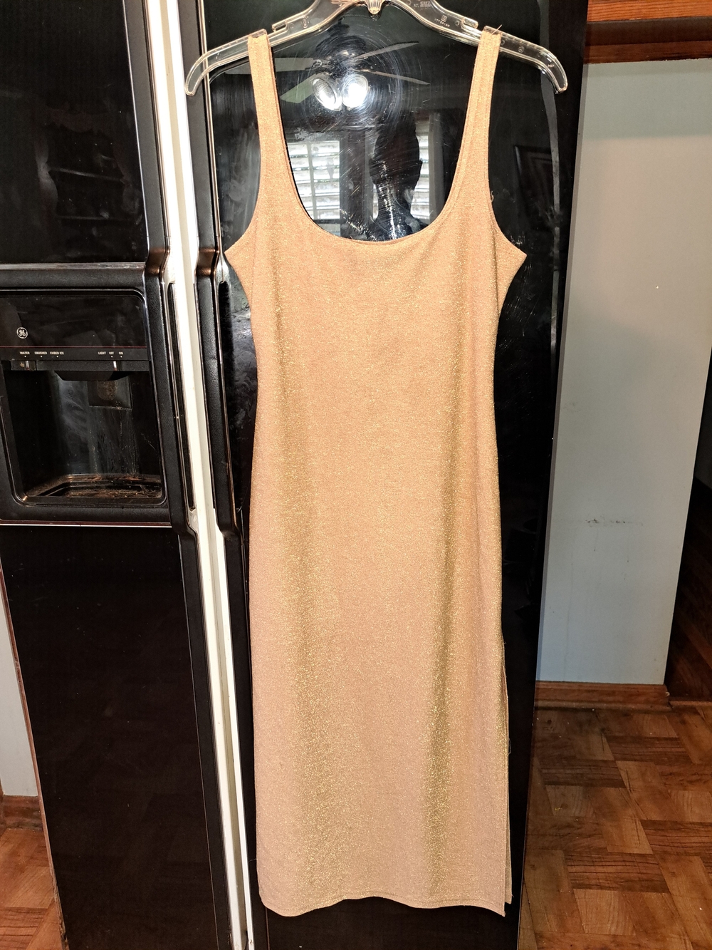 bebe Metallic Champagne Scoop Neck Midi Dress